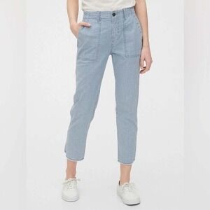 Gap High Rise Straight Khaki Pants Indigo Stripe Railroad Blue White Raw Hem 16